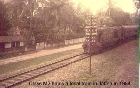 Class M2 locomotive hauling a local train in Jaffna 1984