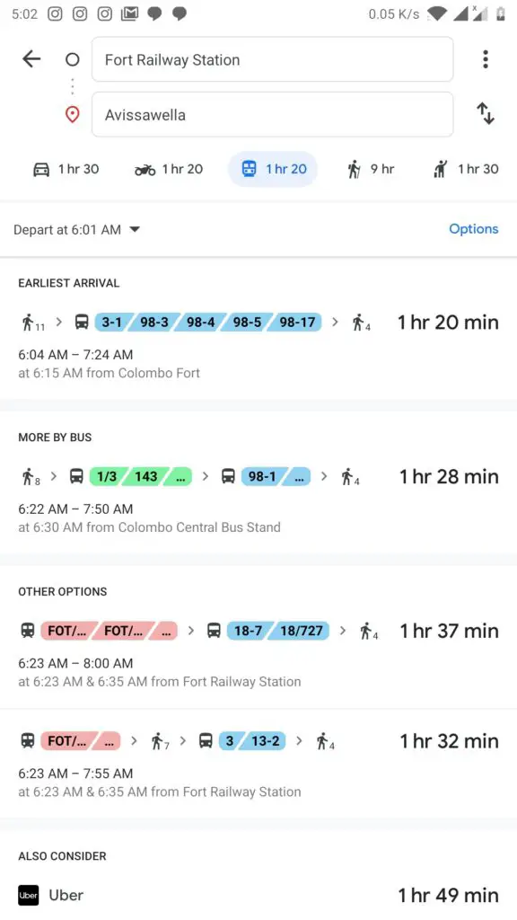 result page. You will see a list of transport options. 